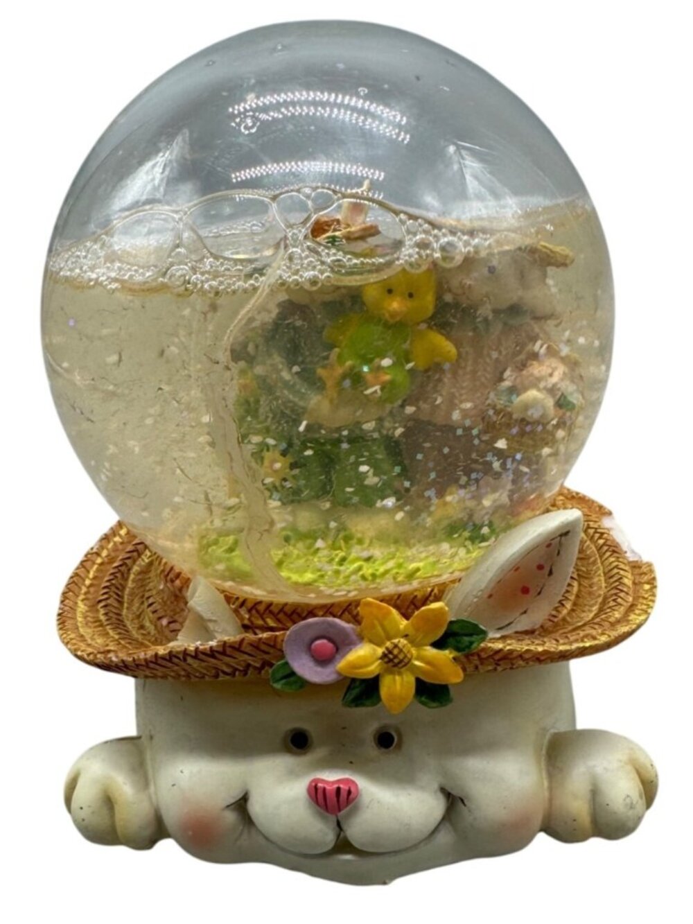 Vintage Music Box Bunny Snow Globe With Straw Hat & Floral Details READ